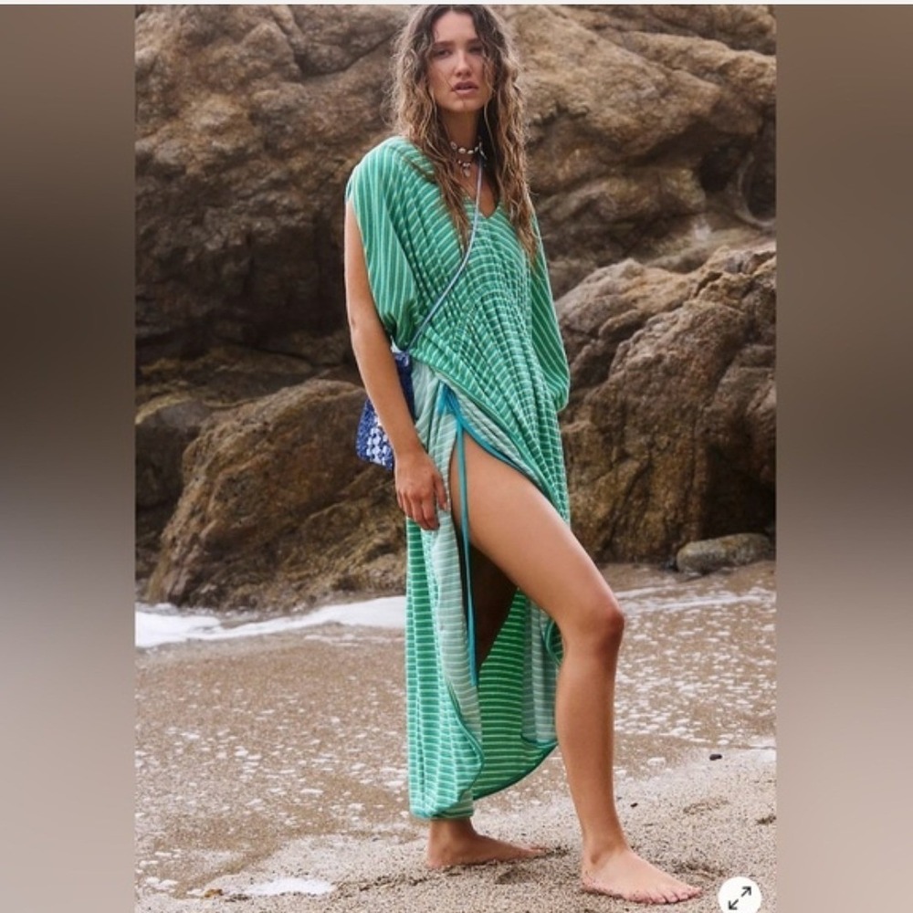 Free People NWT FP Beach Striped Terry Kaftan Maxi Dress Blue Combo Green M/L